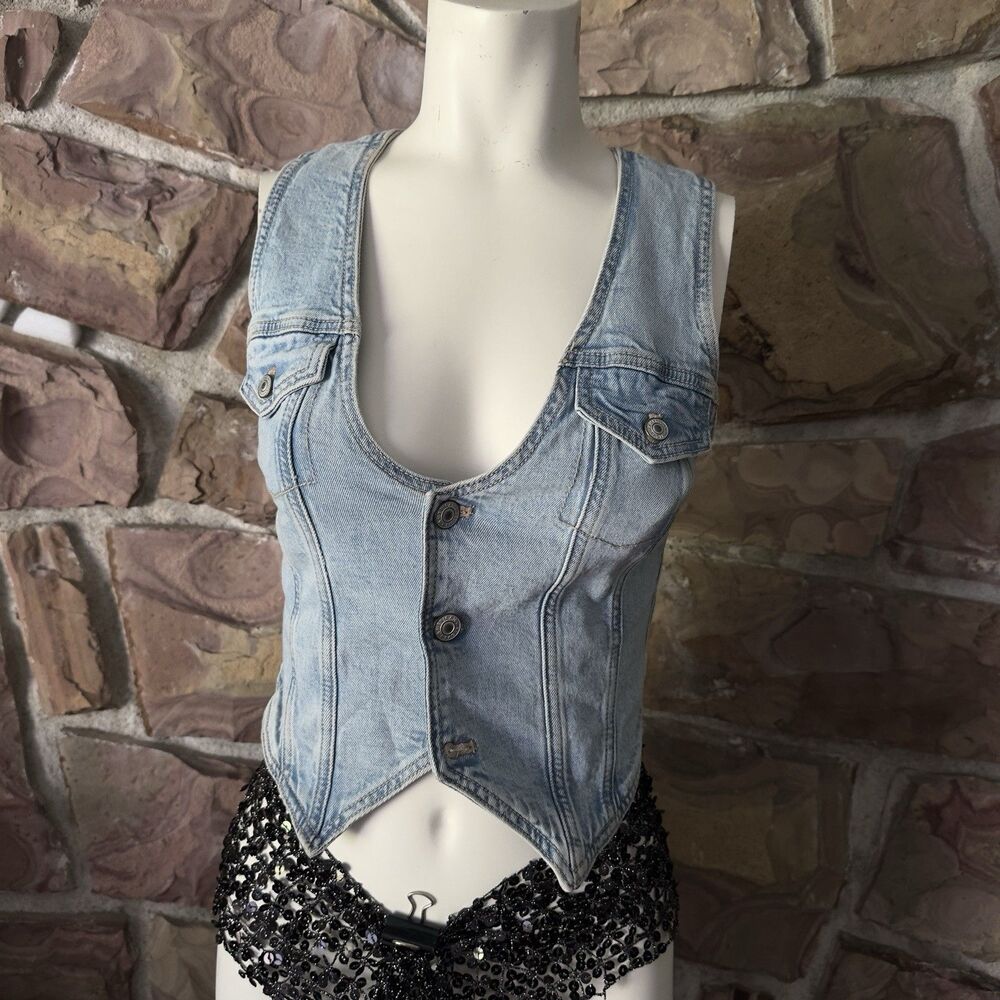 American Eagle Denim Sleeveless Top Vest S Blue western cowgirl boho indie